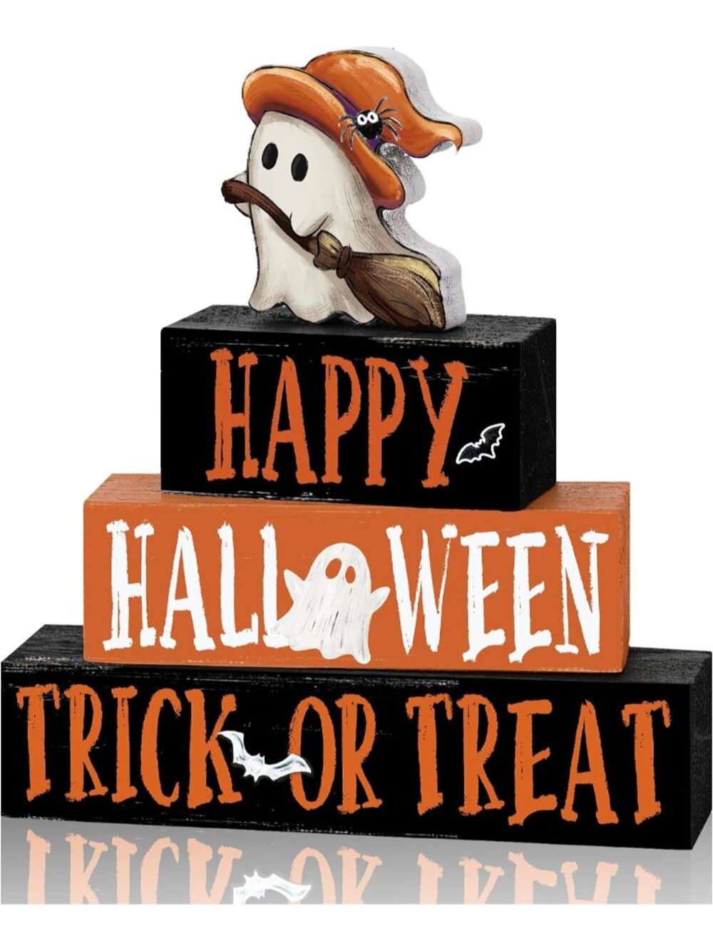 Halloween 4 Pcs Wooden Blocks Signs Trick or Treat Farm Decor Spooky Rustic